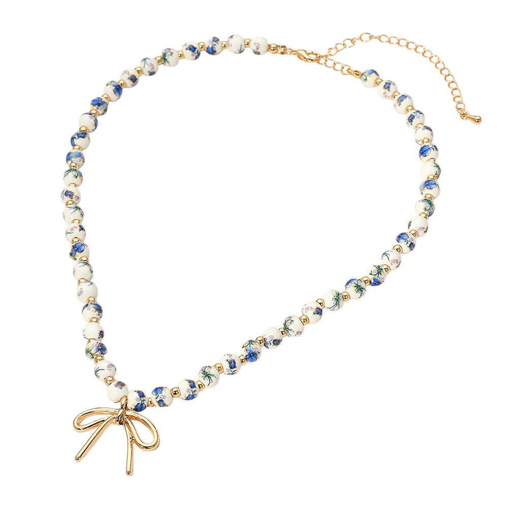 Meadow Blue Ceramic Beaded Bow Necklace