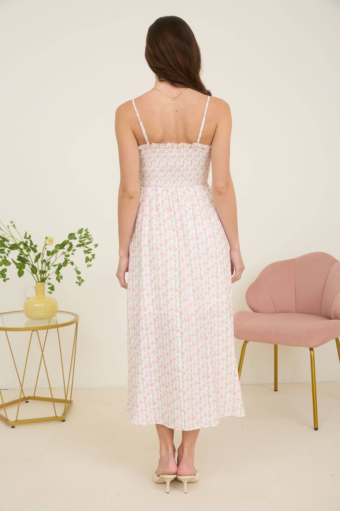 Clementine Bow Floral Pink Midi Dress