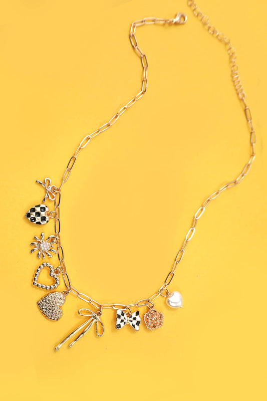Constance Pearl Heart Bow Checkered Charm Necklace