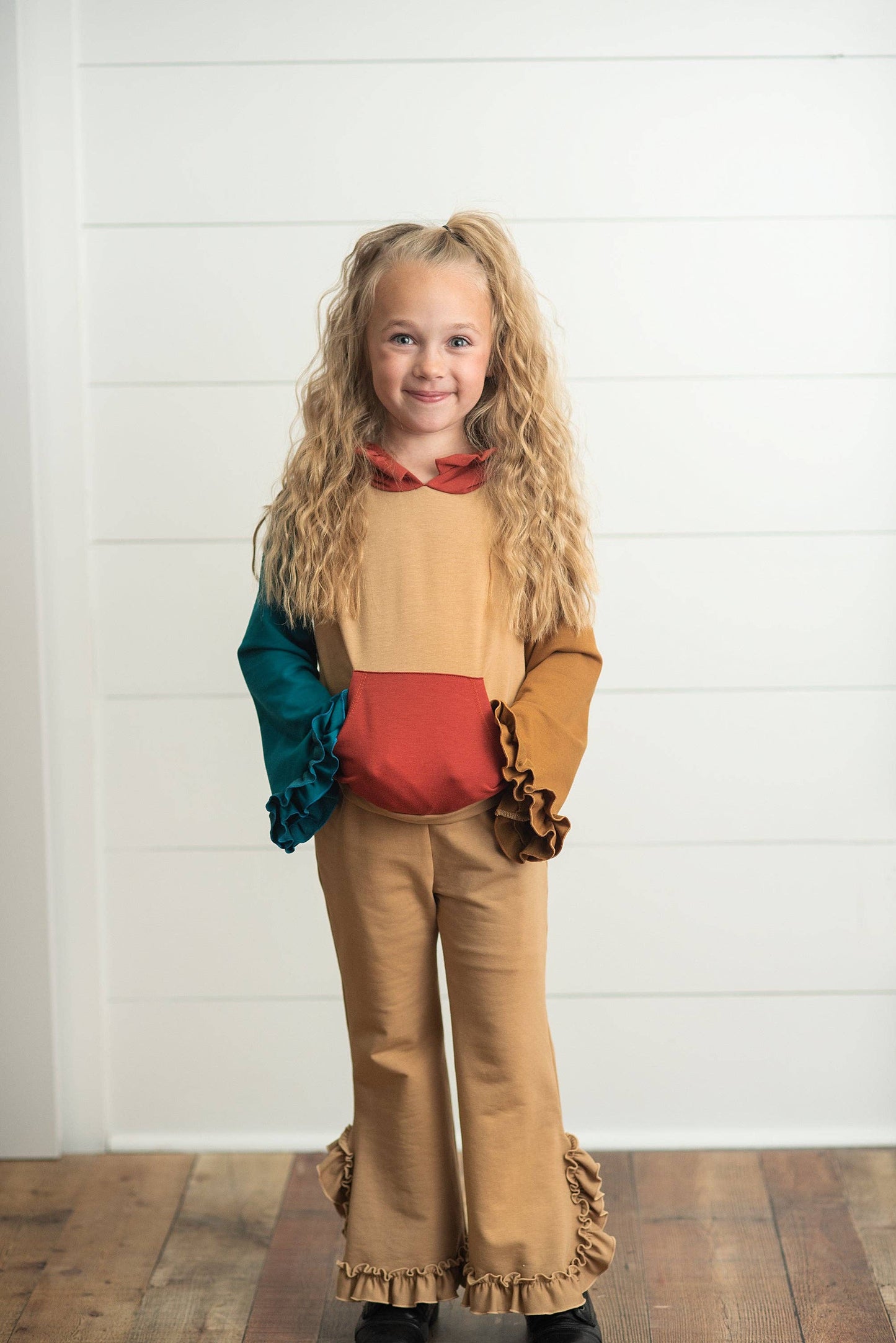 Girls Colorblock Ruffle Hoodie Set
