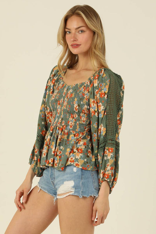 Mirella Sage & Orange Floral Smocked Blouse