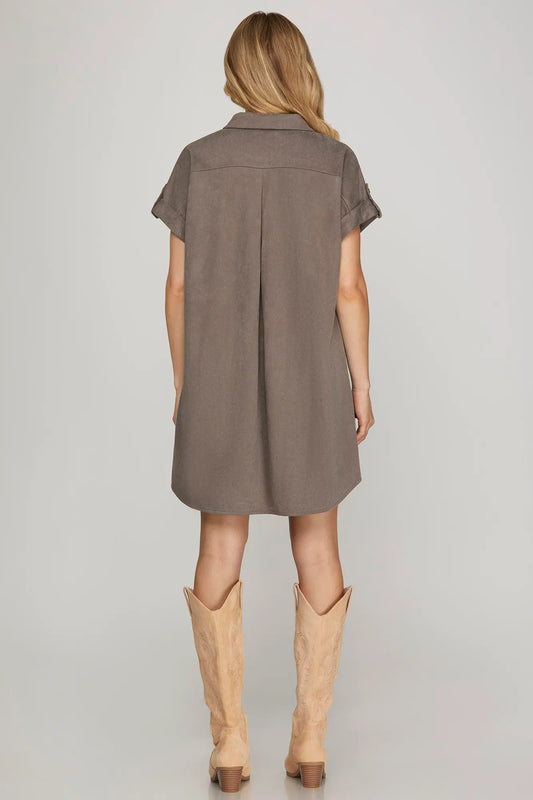 Selene Textured Buttondown Mocha Dress