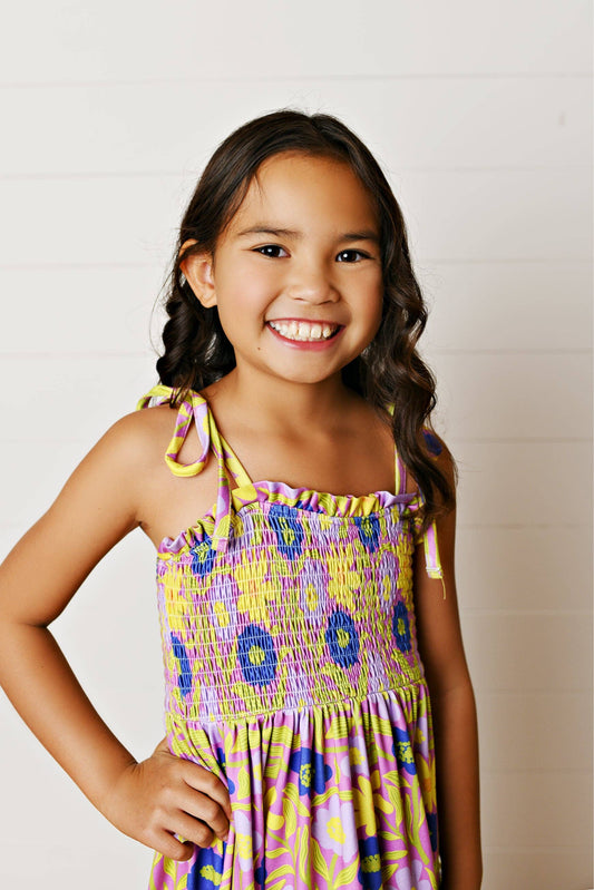 Girls Anna Lilac Flower Smocked Tiered Maxi Dress