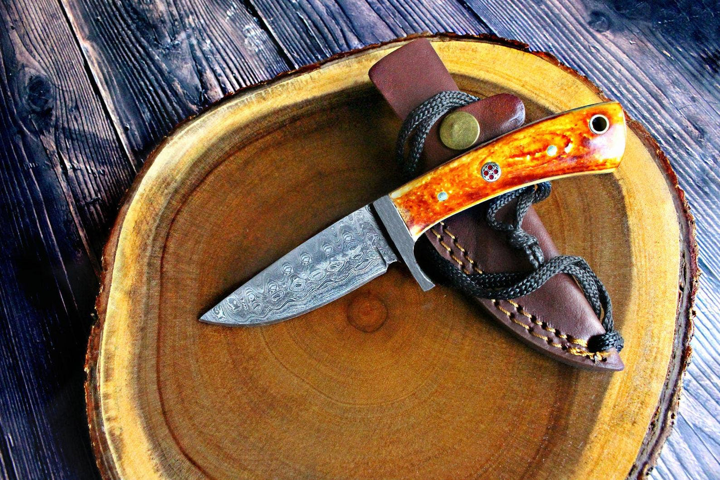 Titan Damascus Fixed Blade with Leather Bolster