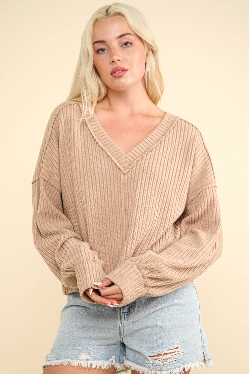 Massena V Neck Raw Edge Top