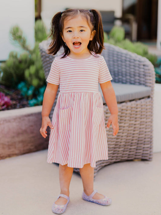 Girls Striped Pocket Mauve Dress