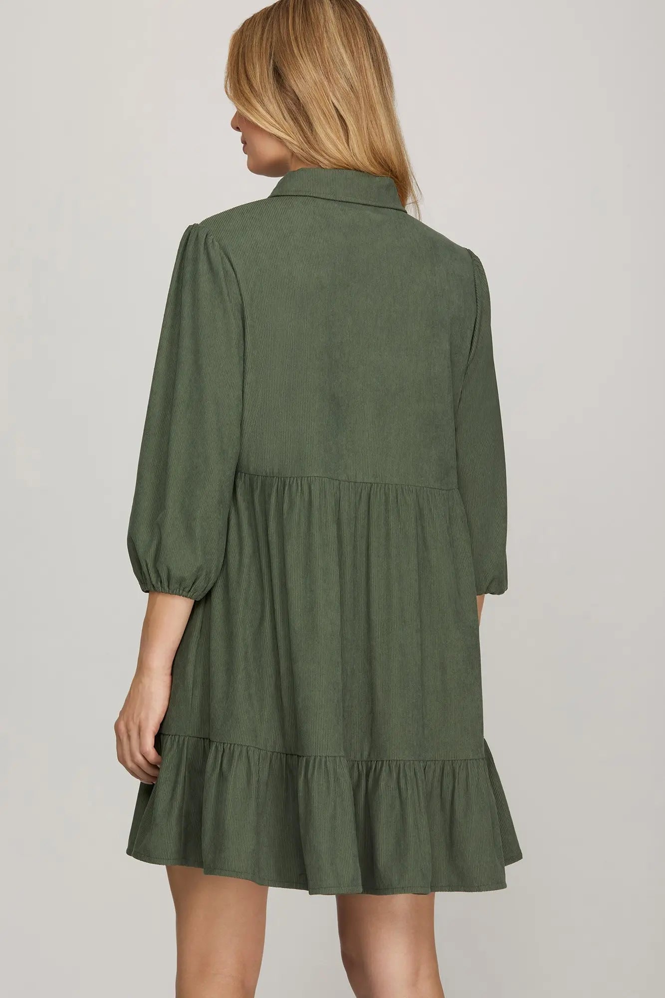 Vega Corduroy Bow Ruffle Olive Dress
