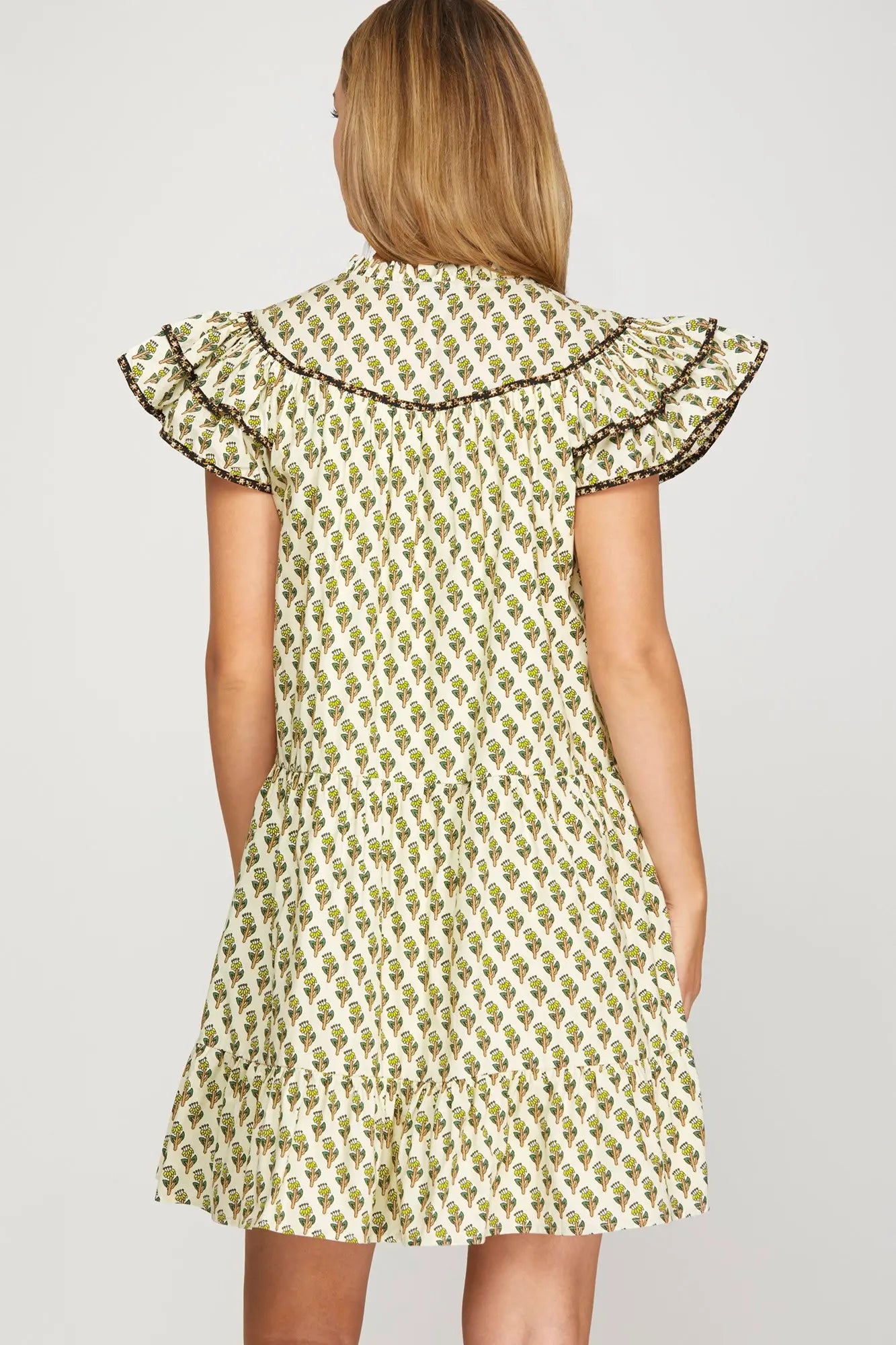 Linnet Printed Flutter Sleeve Ivory Dress