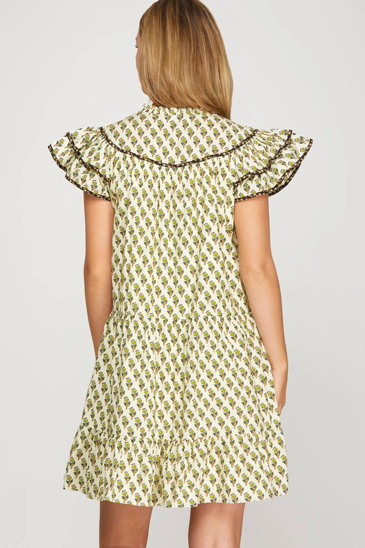 Linnet Printed Flutter Sleeve Ivory Dress