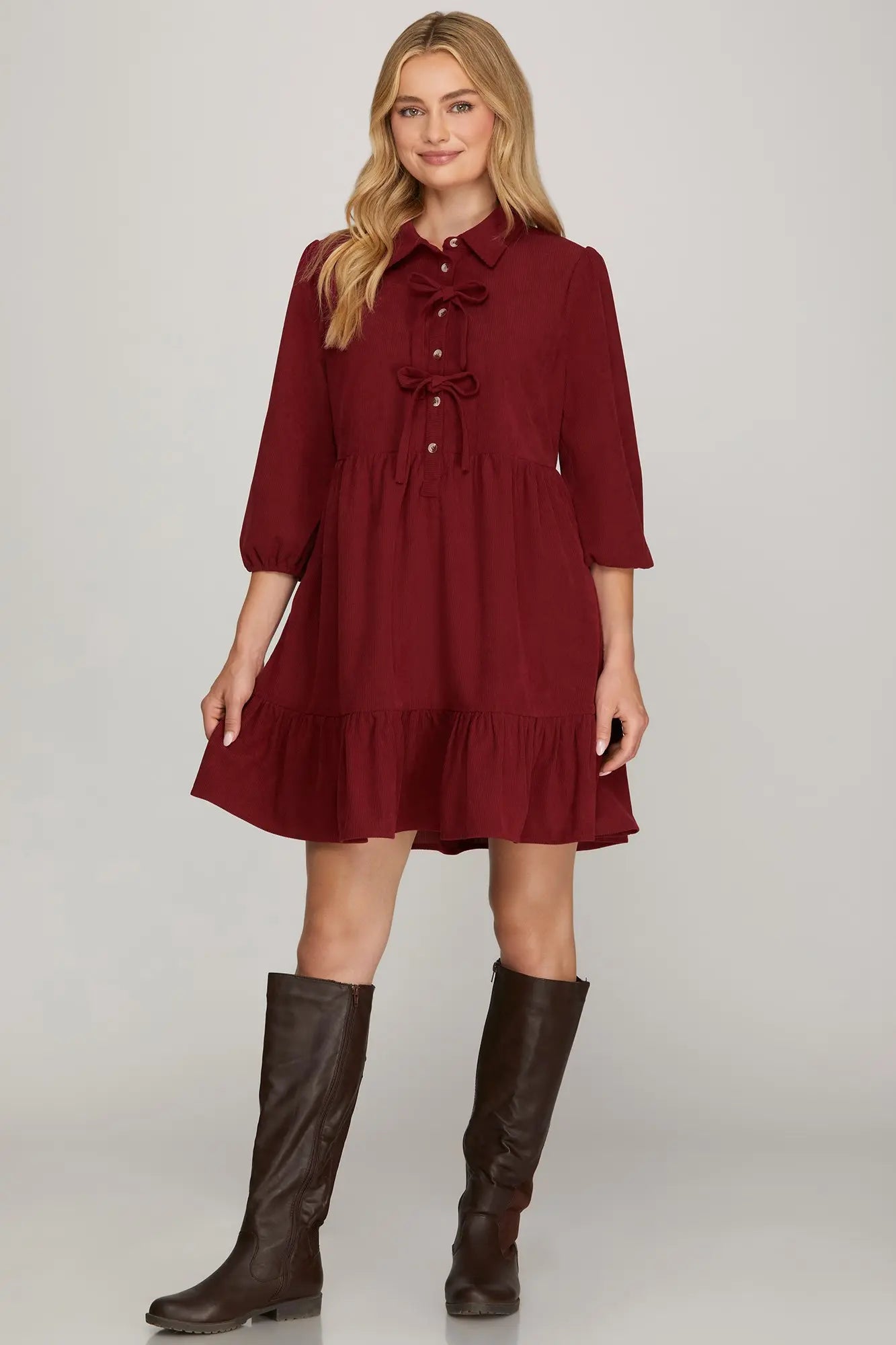 Vega Corduroy Bow Ruffle Wine Dress