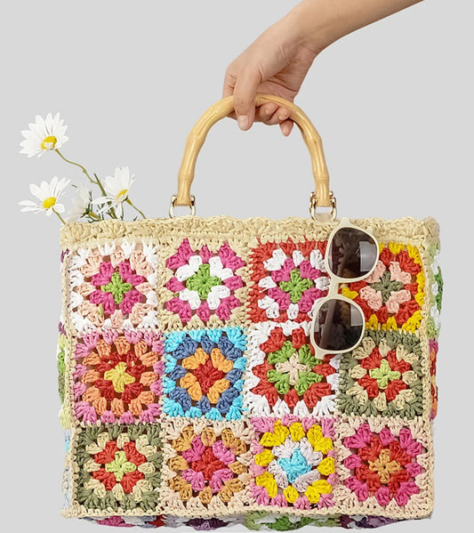 Patchwork Straw Beach Tote