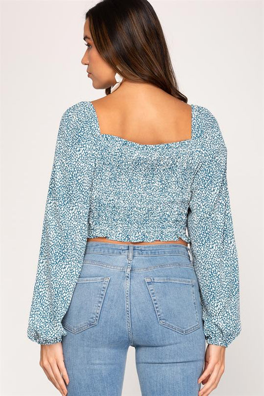 **SALE!!** Zahara Speckled Smocked Crop Teal Blouse