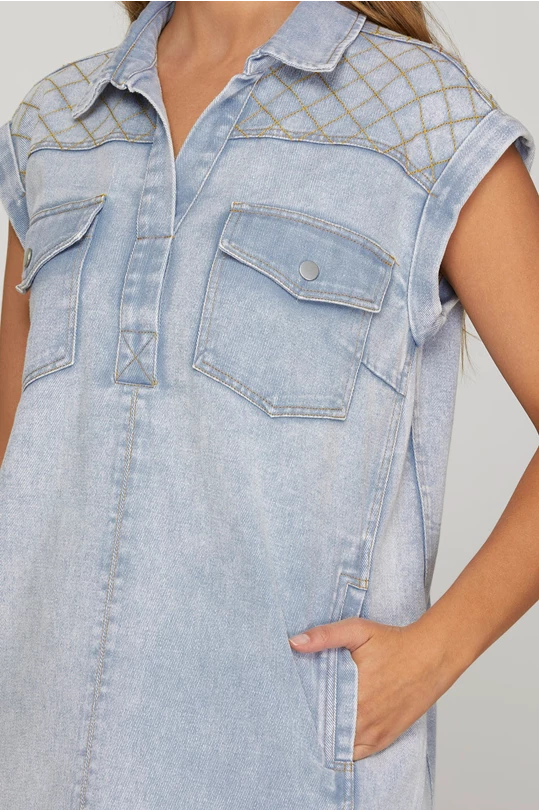 Sandoval Quilted Denim Buttondown Light Blue Dress