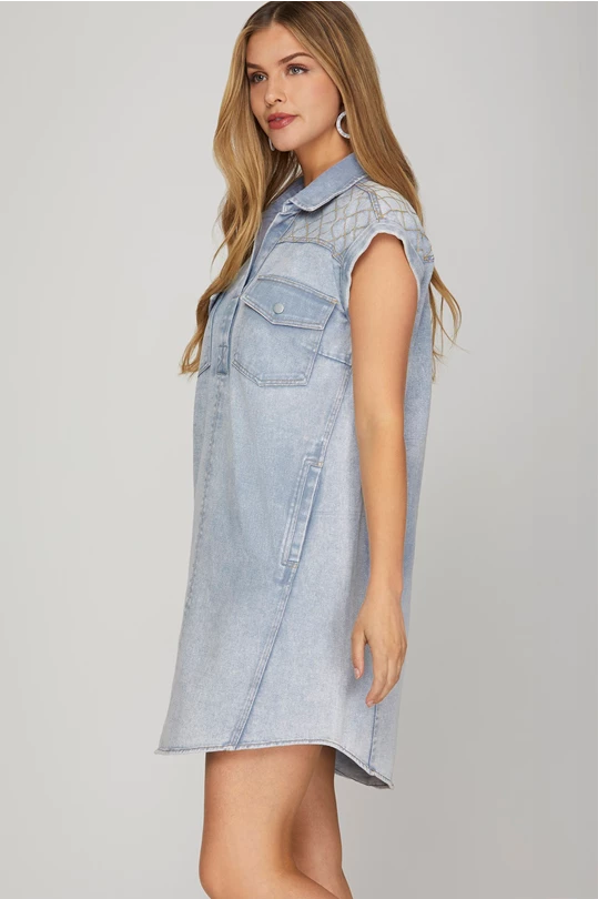 Sandoval Quilted Denim Buttondown Light Blue Dress