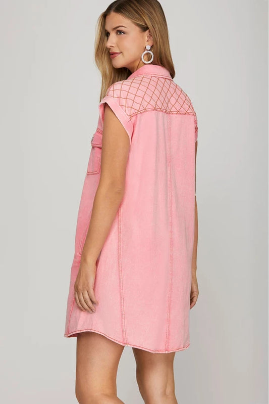 Sandoval Quilted Denim Buttondown Pink Dress