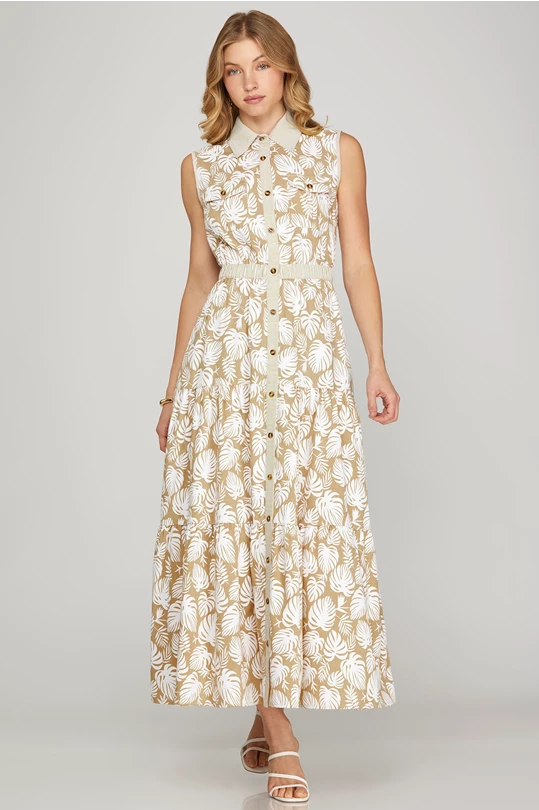 Bleu Tropical Leaf Oatmeal Maxi Dress