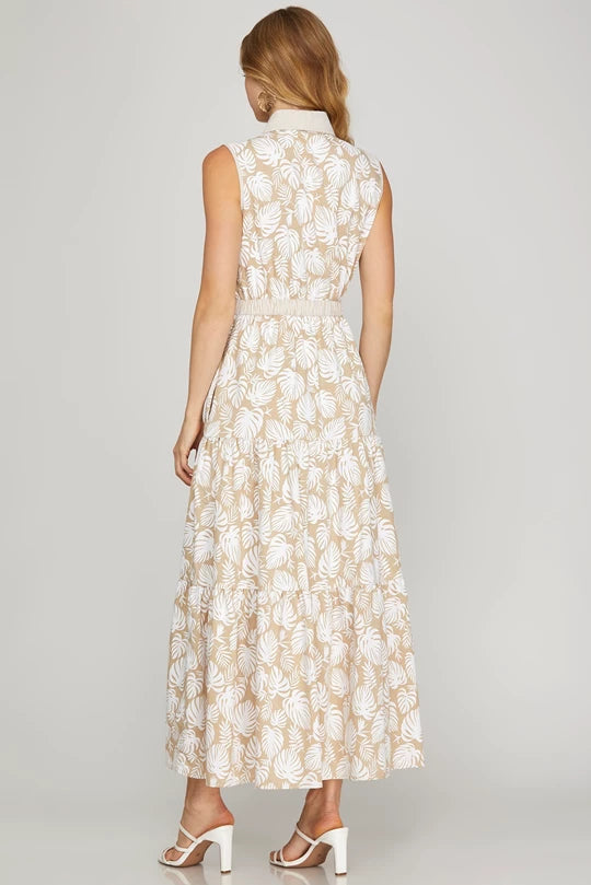 Bleu Tropical Leaf Oatmeal Maxi Dress