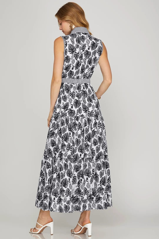 Bleu Tropical Leaf Navy Maxi Dress