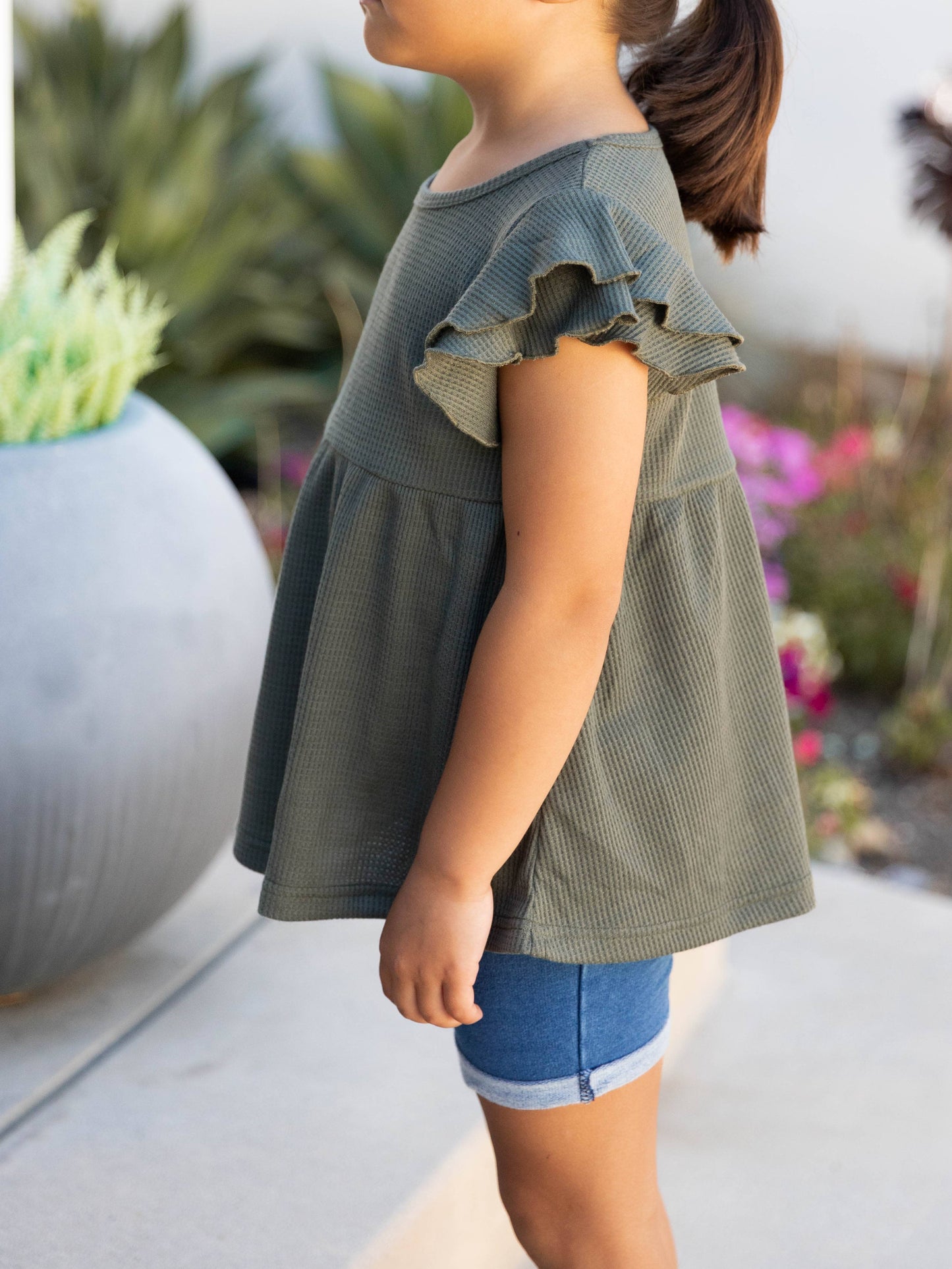 Girls Flutter Sleeve Waffle Peplum Blouse