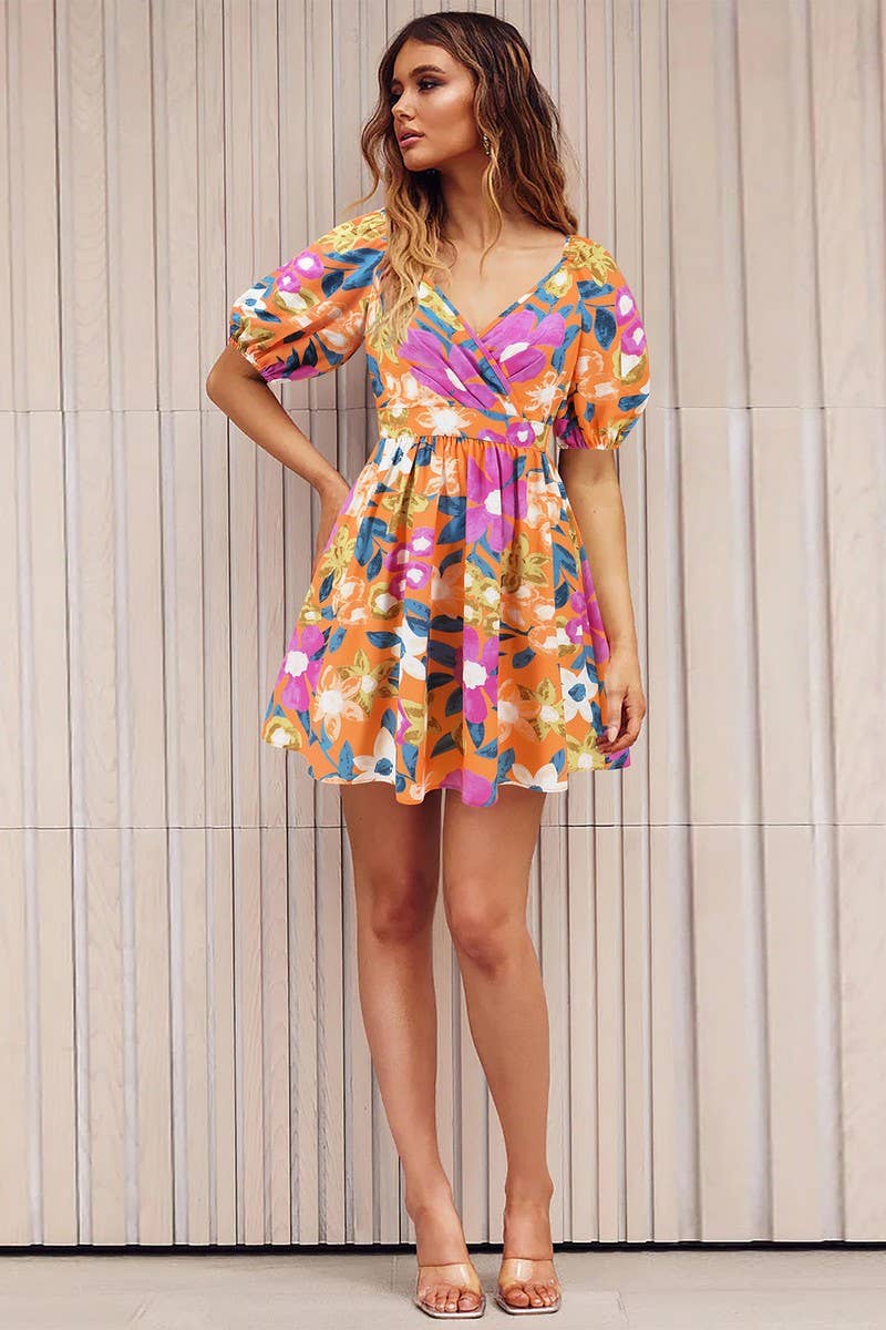 Callah Orange Floral Keyhole Dress