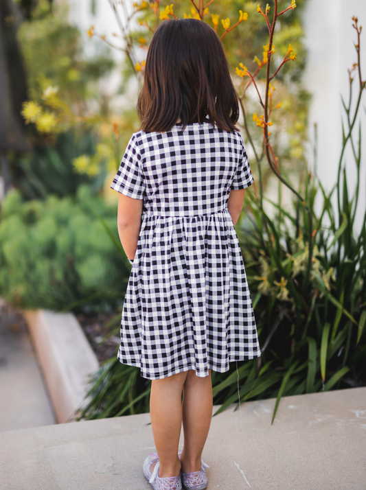 Girls Gingham Pocket Black Dress