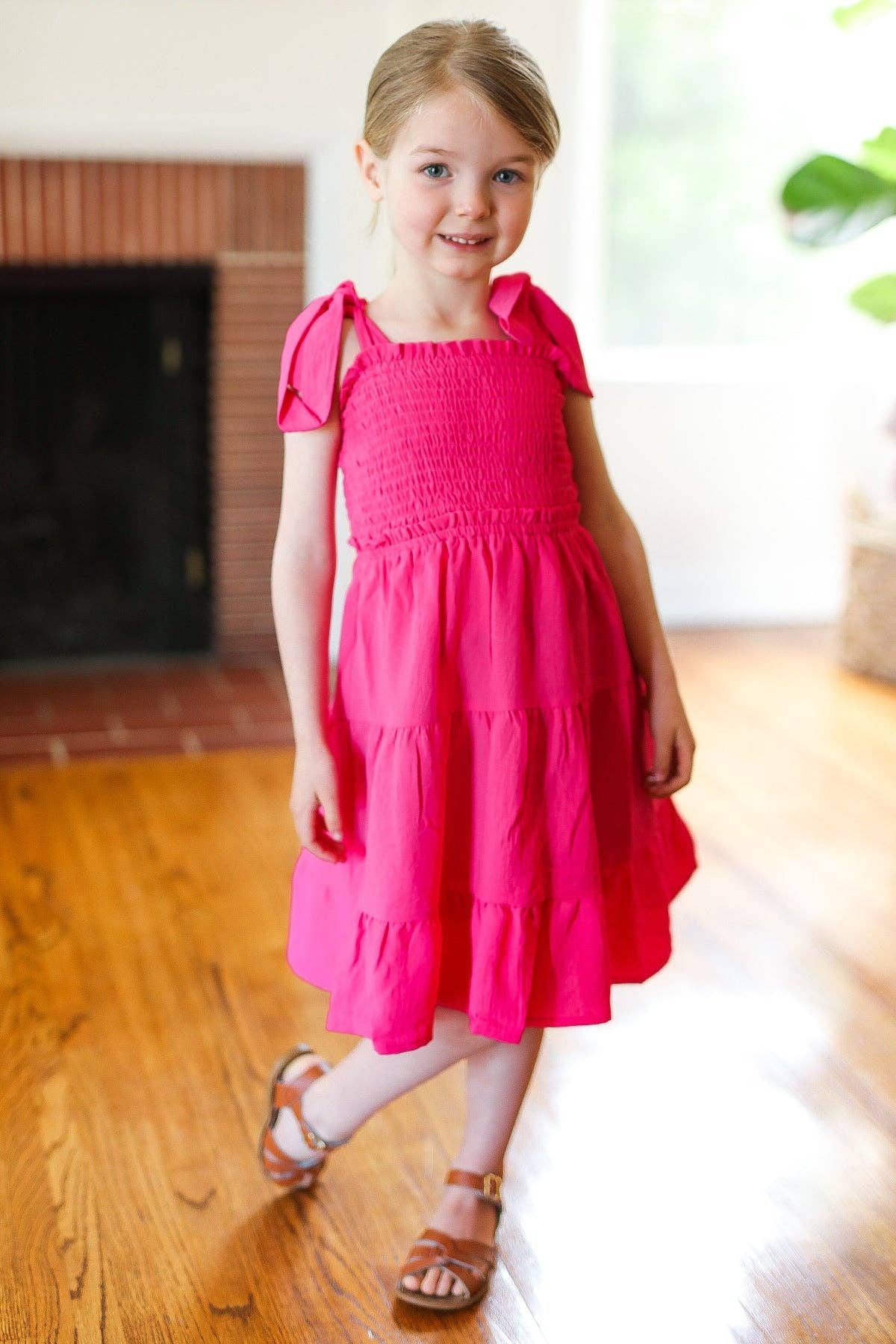 Girls Fuchsia Tiered Smocked Dress