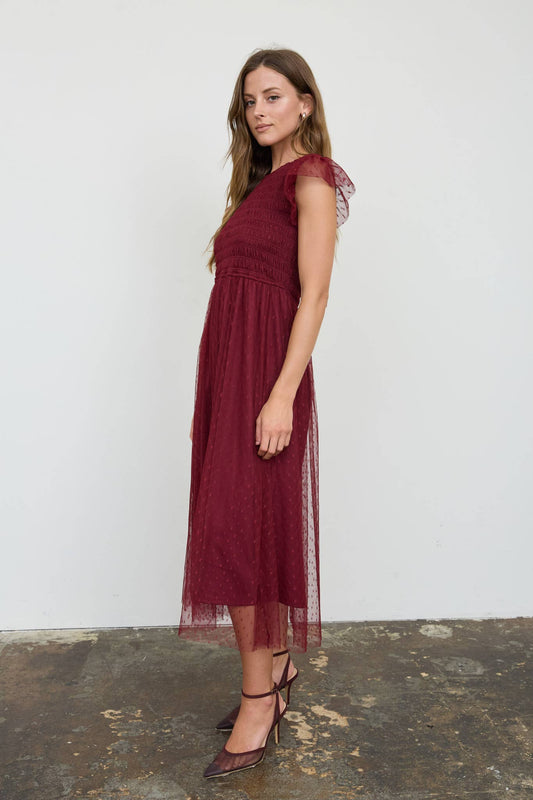 Amarena Swiss Dot Burgundy Midi Dress