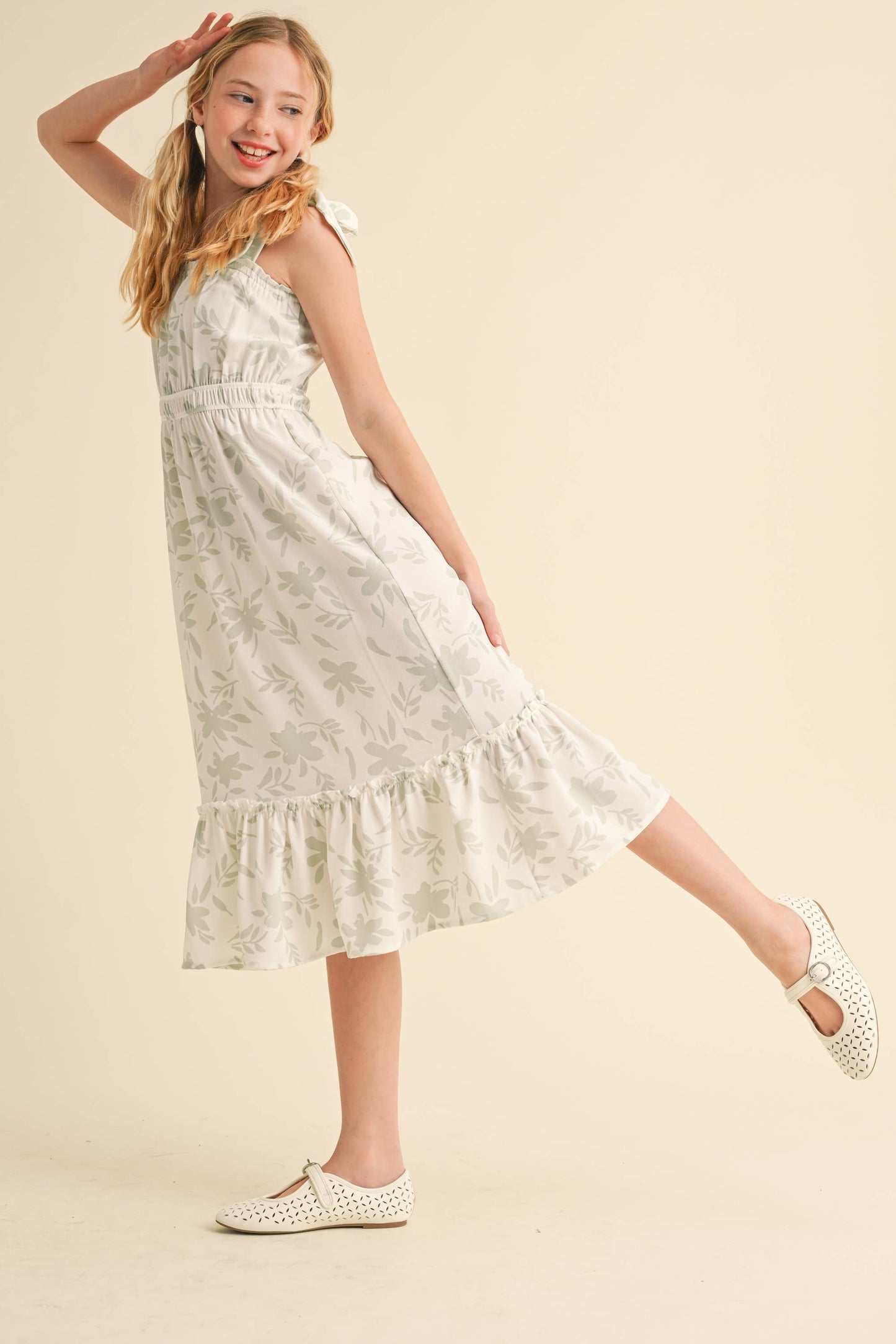 Girls Madeline Green Floral Midi Dress