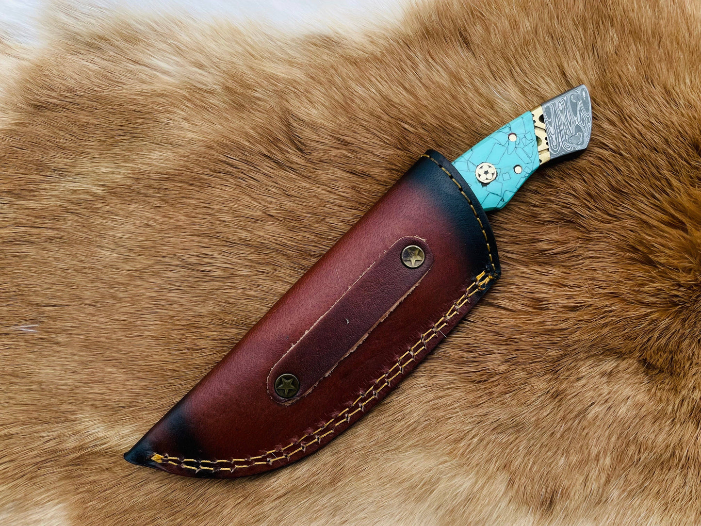 Titan Damascus Azure Fusion Utility Knife with Leather Bolster