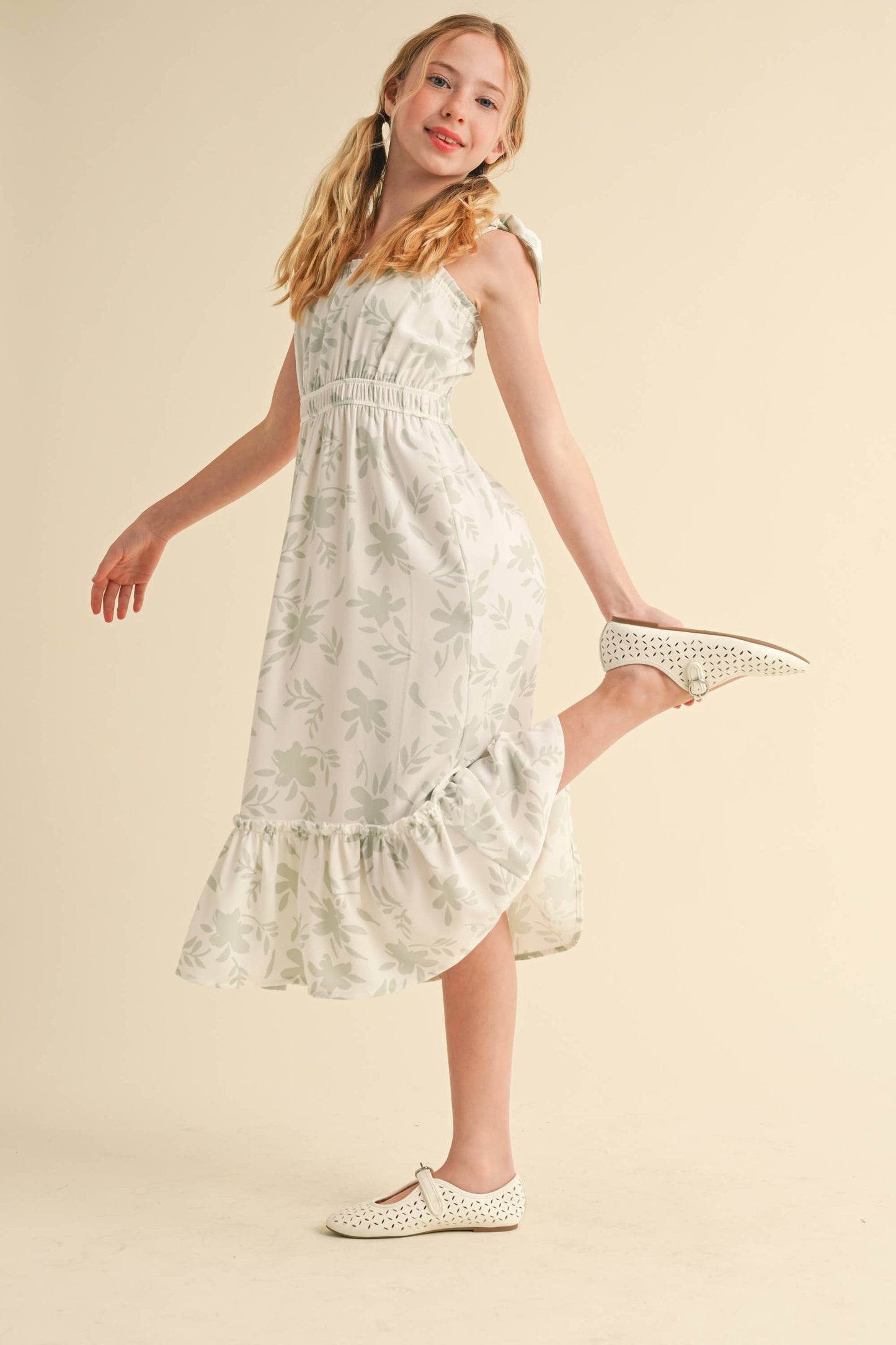 Girls Madeline Green Floral Midi Dress