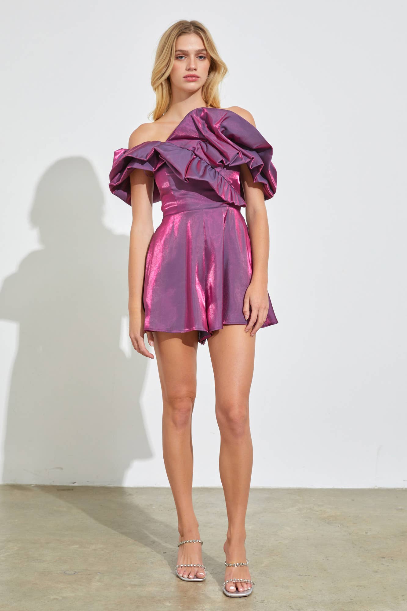Priscilla Metallic Ruffle Off Shoulder Orchid Romper