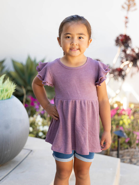 Girls Flutter Sleeve Waffle Peplum Blouse