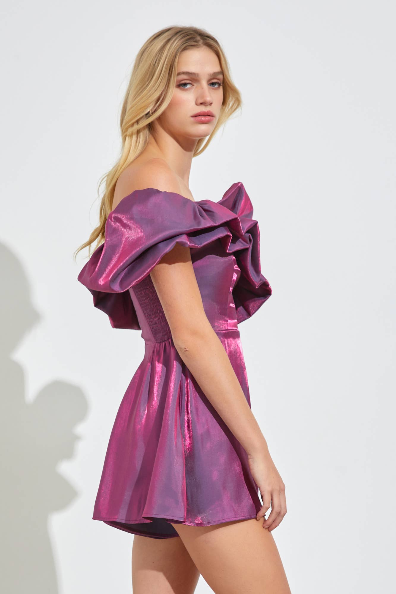 Priscilla Metallic Ruffle Off Shoulder Orchid Romper