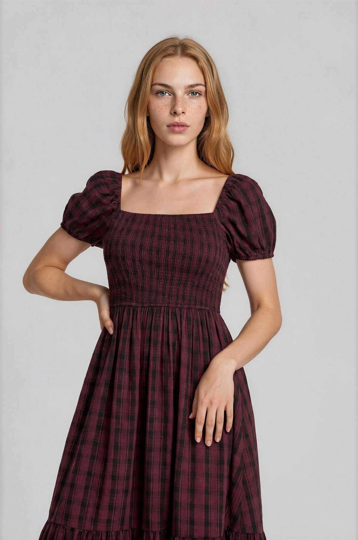 Della Plaid Maroon Midi Dress