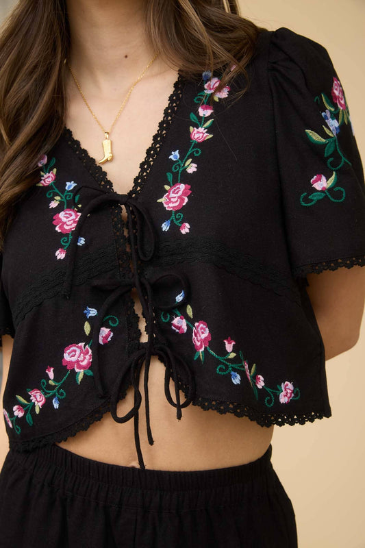 Tatum Embroidered Floral Black Short Set