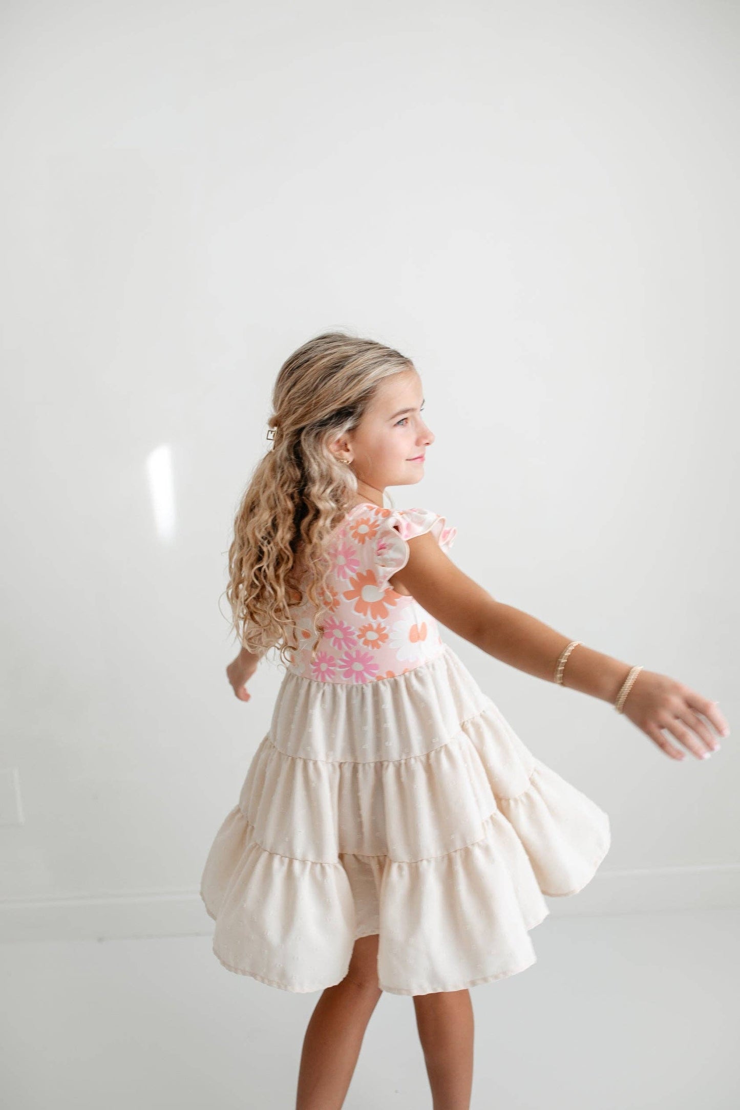 Girls Pastel Checkered Flowers Swiss Dot Beige Dress