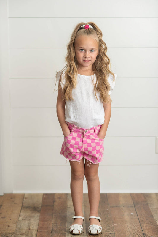 Girls Checkered Denim Pink Shorts