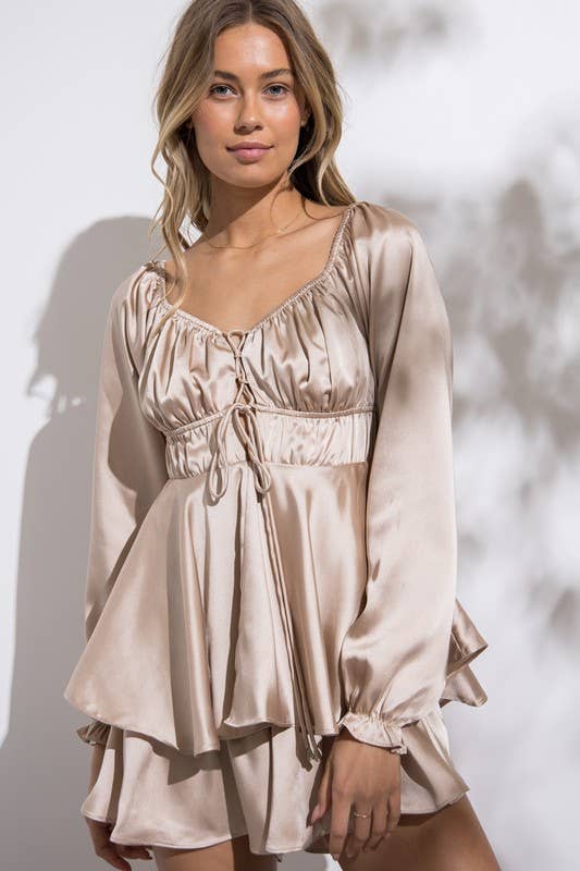 Naomi Satin Long Sleeve Champagne Romper