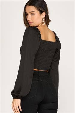 **SALE!** Black Satin Ruched Crop Blouse (Size Large)