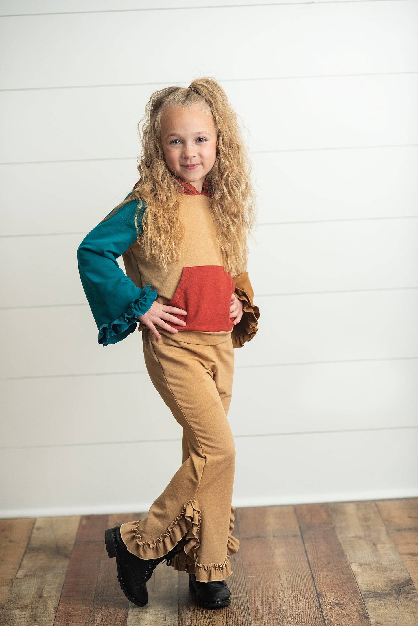 Girls Colorblock Ruffle Hoodie Set