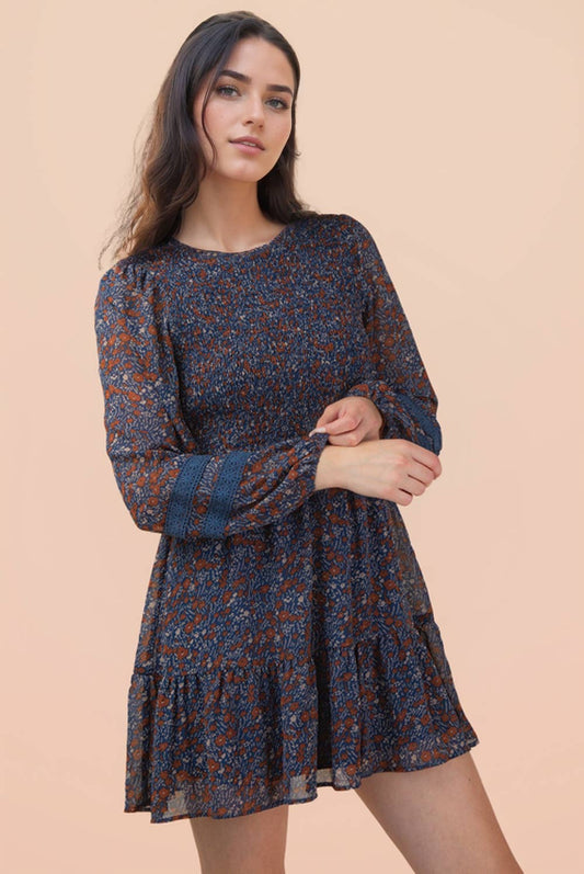 Kitty Floral Smocked Long Sleeve Navy Dress