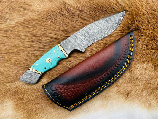 Titan Damascus Azure Fusion Utility Knife with Leather Bolster