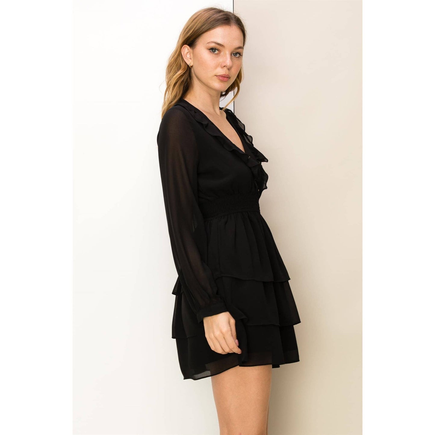 Jane Ruffle V-Neck Black Dress