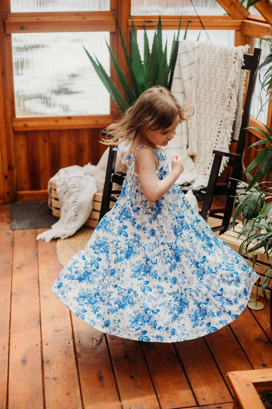 Girls Mayfield Floral Tiered Blue Dress