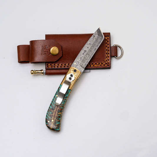 Titan Teal Pine Tanto Folding Knife with Brass Bolster & Fire Starter