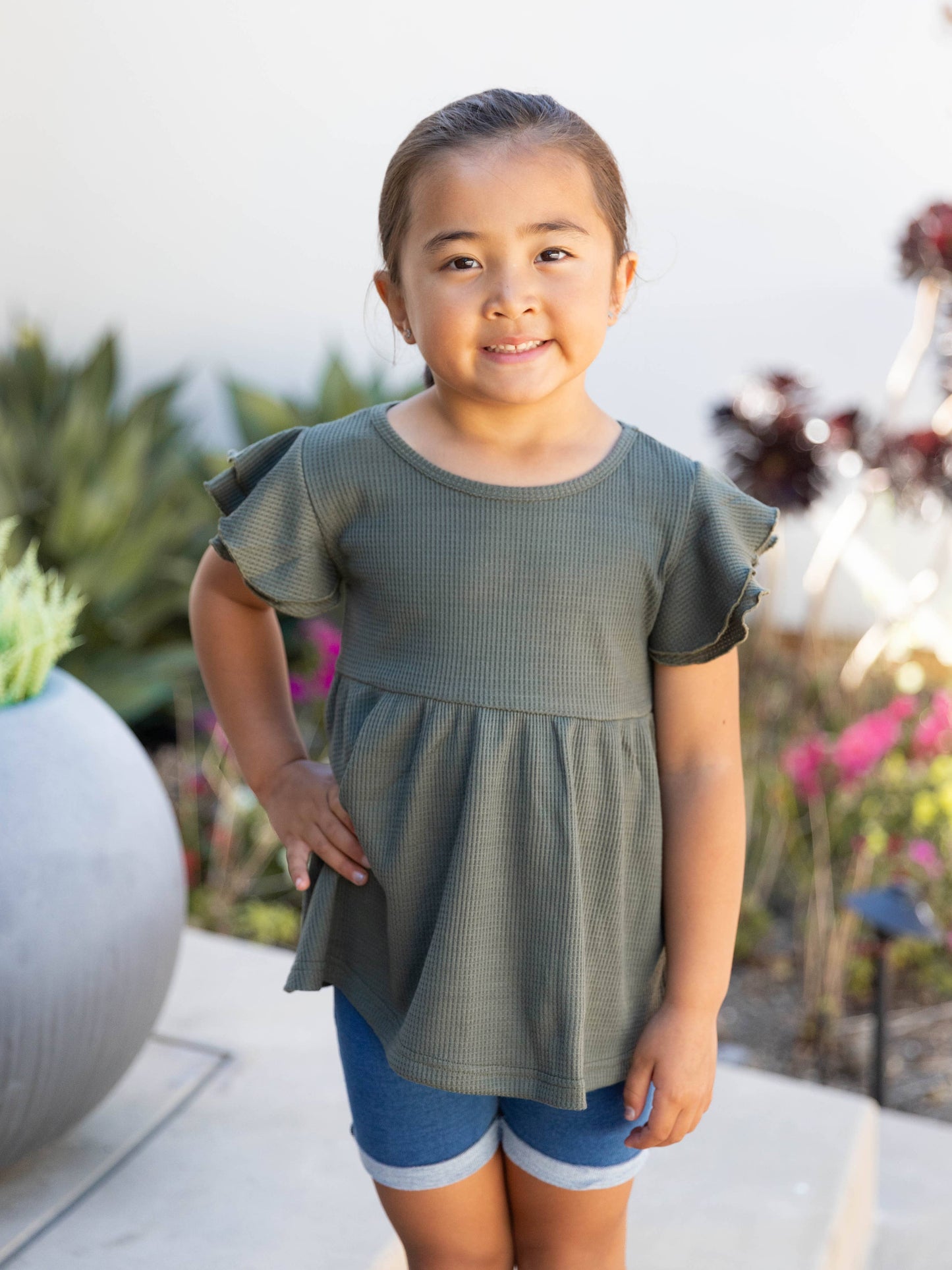 Girls Flutter Sleeve Waffle Peplum Blouse