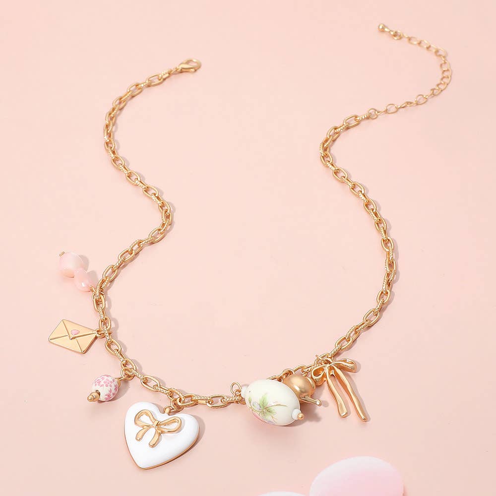 Darla Pink Bow Tea Party Charm Necklace