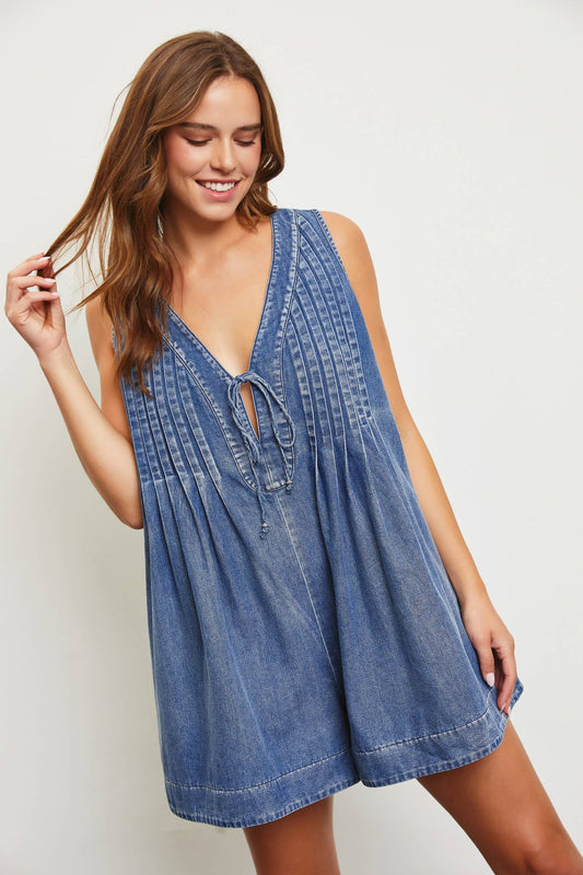 Oaklynn Pleated Denim Romper