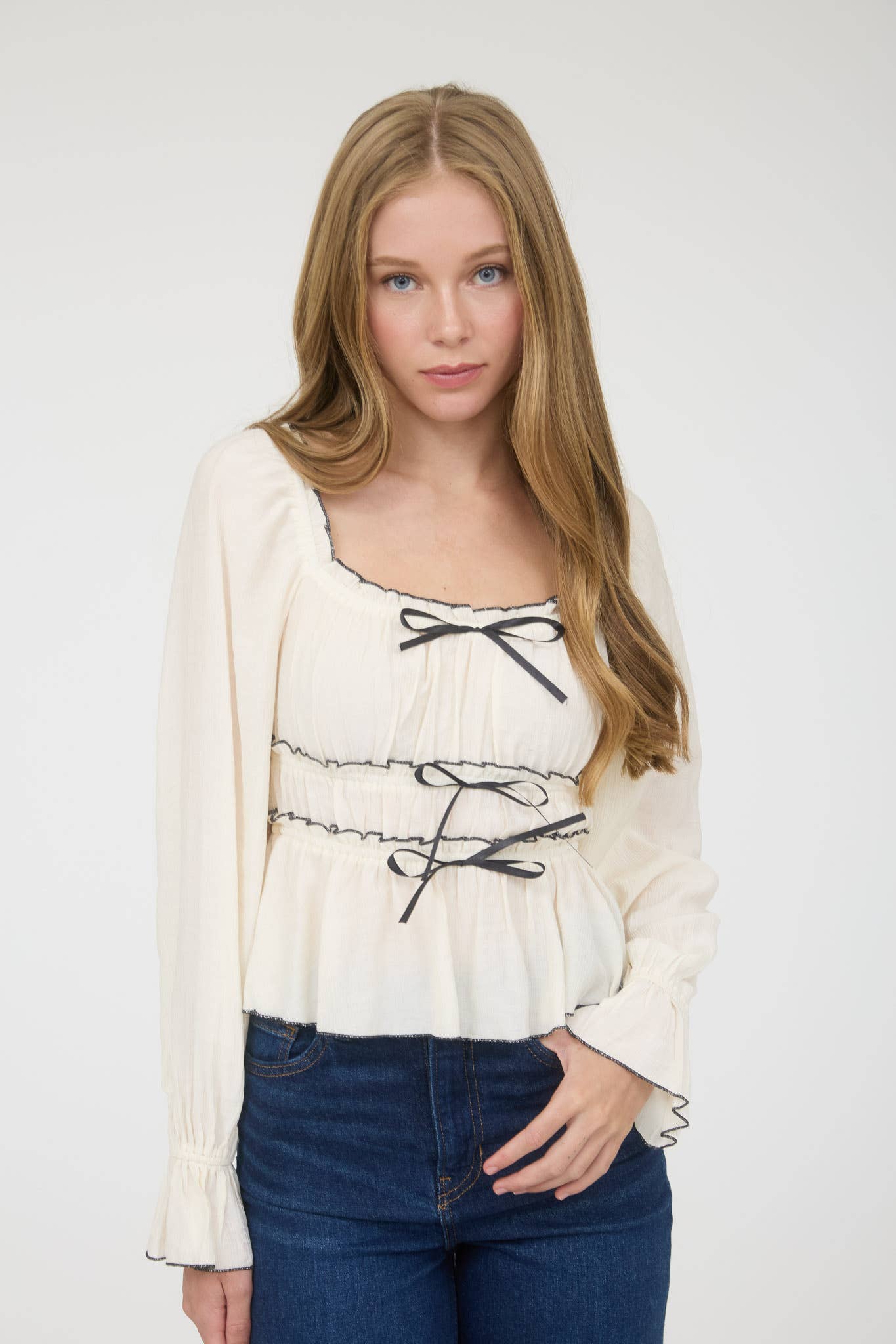 Honey Contrast Bow Longsleeve Blouse