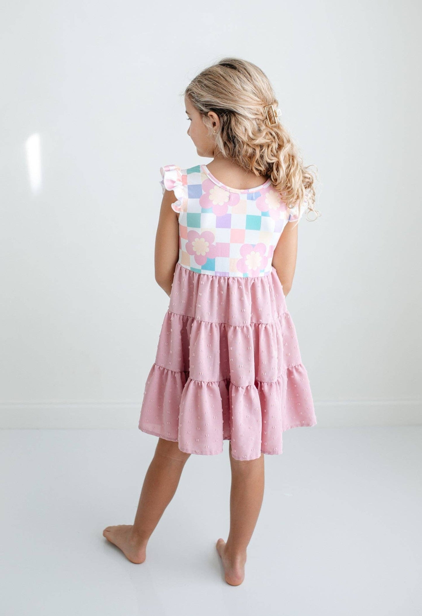 Girls Pastel Checkered Flowers Swiss Dot Pink Dress